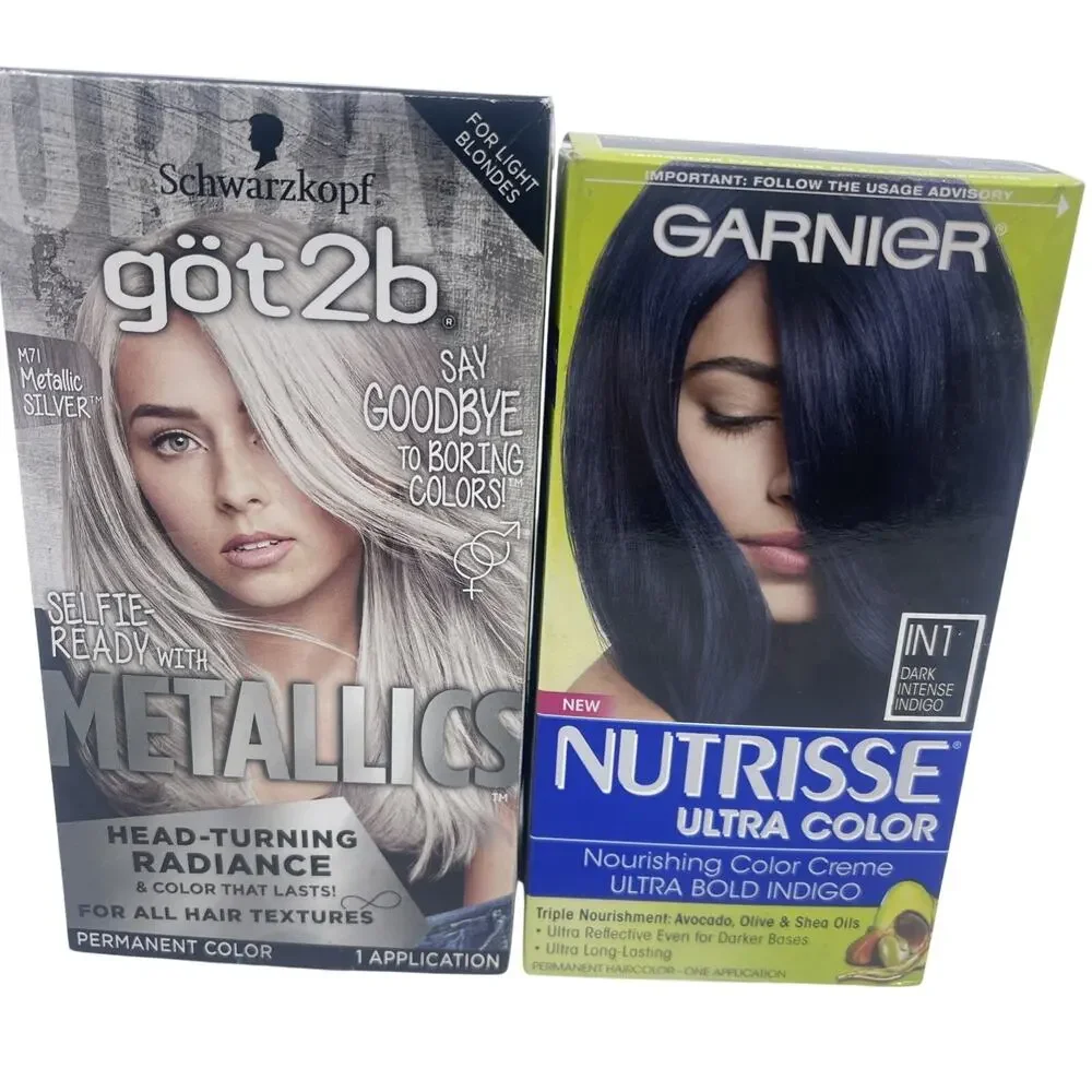 Garnier Nutrisse IN1 Dark Intense Indigo & got2b Metallic Silver Hair Dye Lot 2